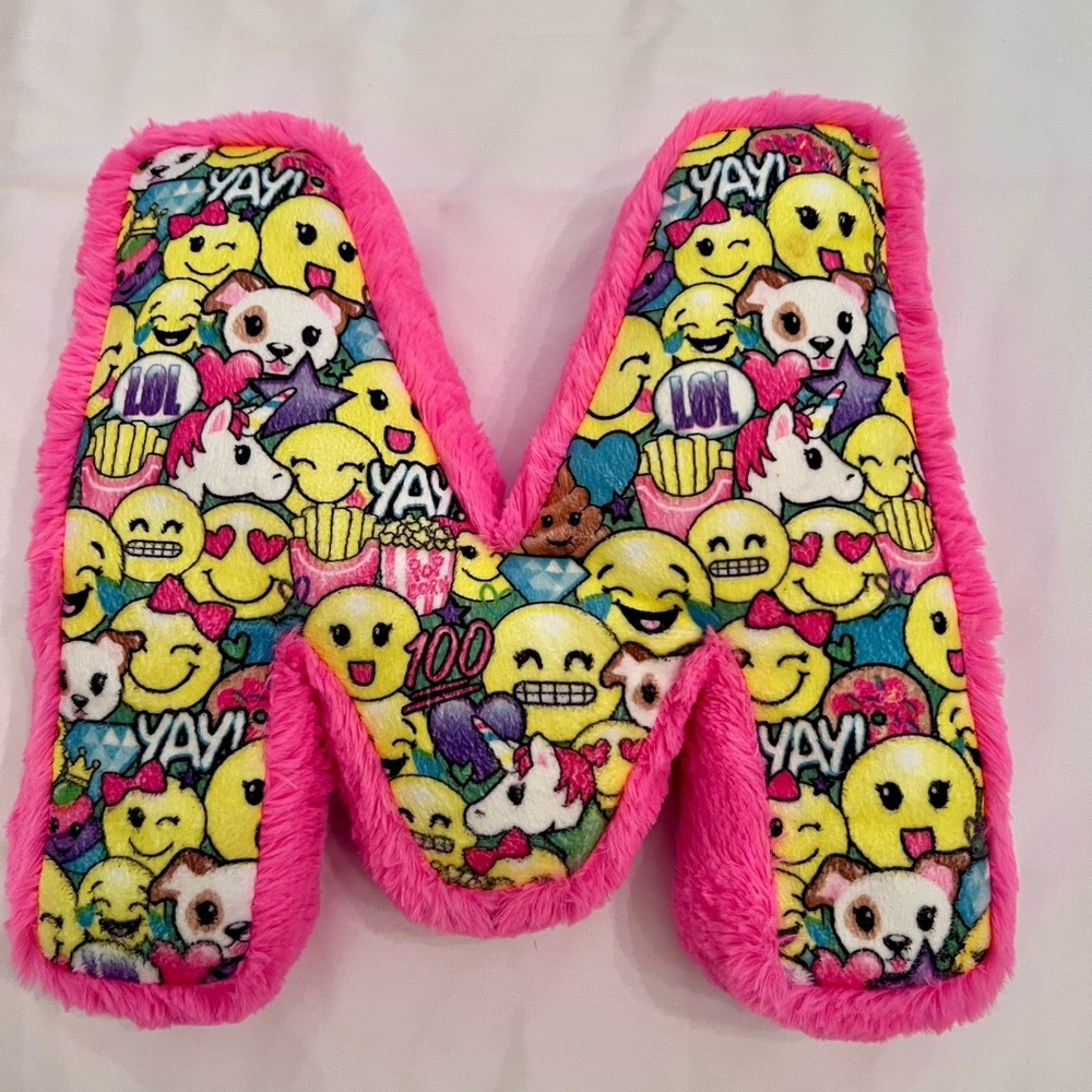 M Initial Emoji Pillow with Pink Trim